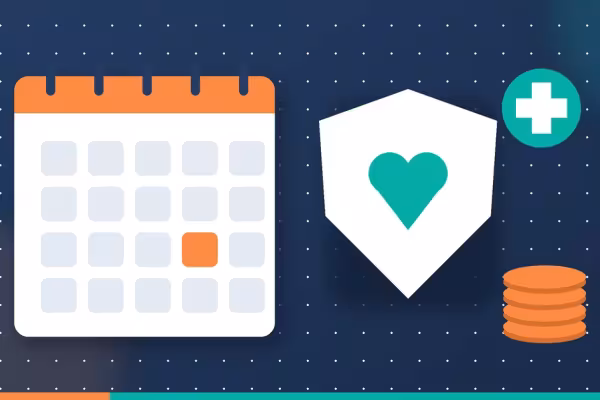 Editorial illustration: a calendar with one day marked, a shield with a heart, a medical cross and a stack of coins, on a blue background.