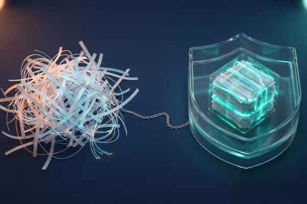 Una maraña de tiras de registro unida por una cadena a un cubo de evidencia ordenado dentro de un escudo de cristal