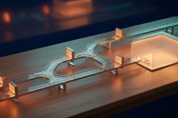 Maqueta de vías de cristal con bifurcaciones de decisión, compuertas y un desvío iluminado para las excepciones
