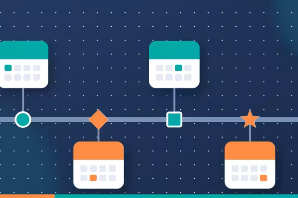 Editorial illustration: a timeline with four milestones of different shapes, each linked to a calendar, on a blue background.