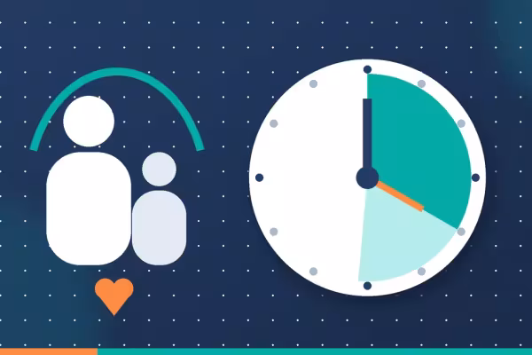 Editorial illustration: a clock with a highlighted segment of the working day beside an adult and a child, on a blue background.