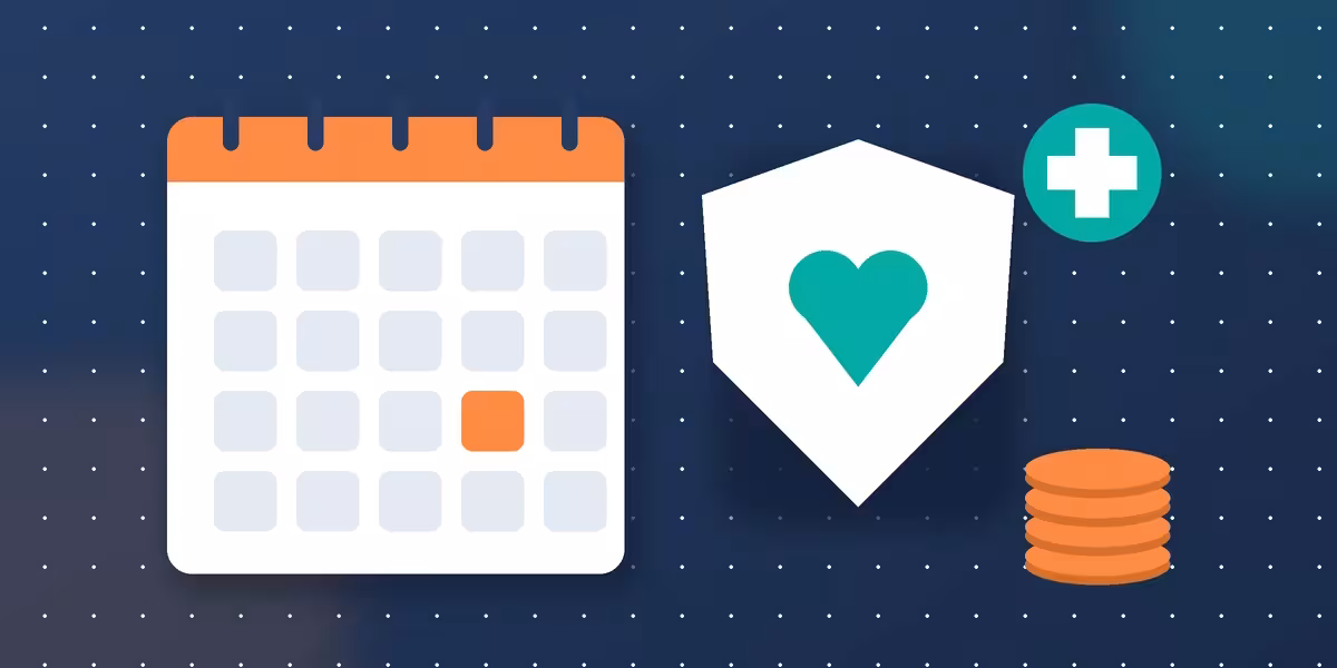 Editorial illustration: a calendar with one day marked, a shield with a heart, a medical cross and a stack of coins, on a blue background.