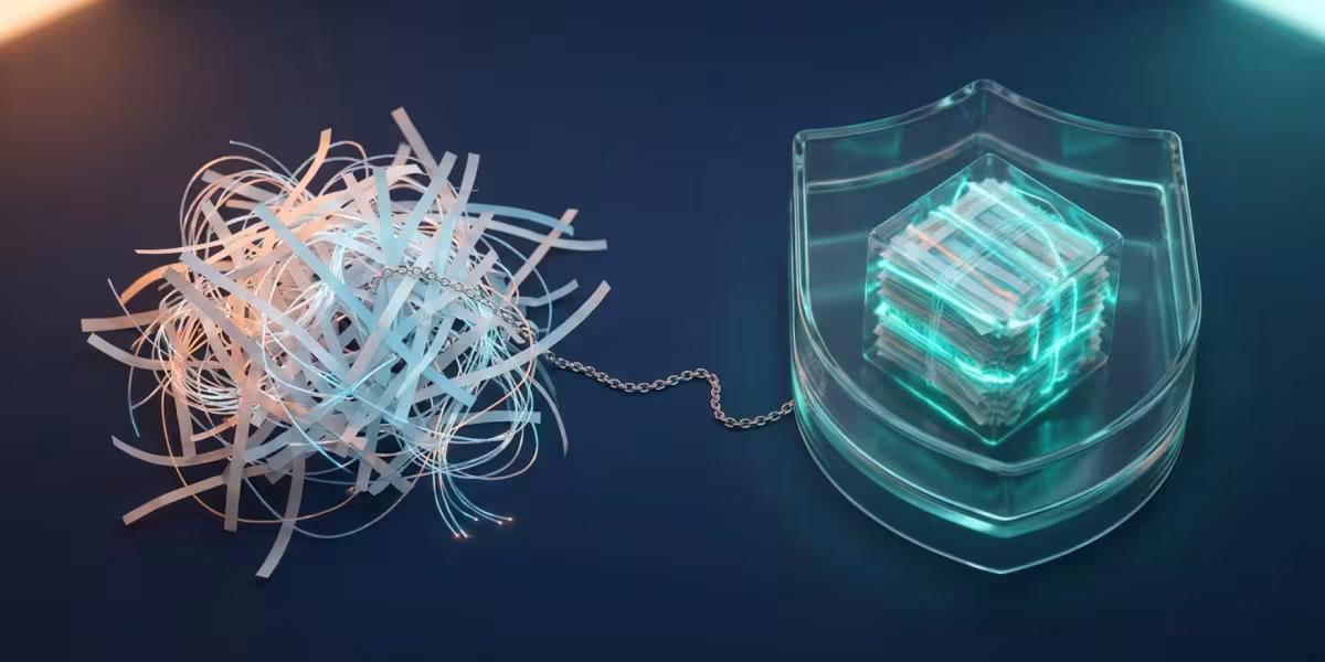 Una maraña de tiras de registro unida por una cadena a un cubo de evidencia ordenado dentro de un escudo de cristal