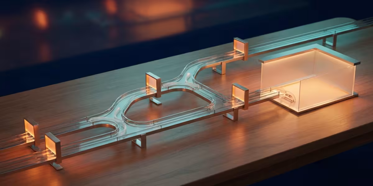 Maqueta de vías de cristal con bifurcaciones de decisión, compuertas y un desvío iluminado para las excepciones