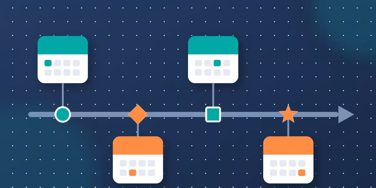 Editorial illustration: a timeline with four milestones of different shapes, each linked to a calendar, on a blue background.