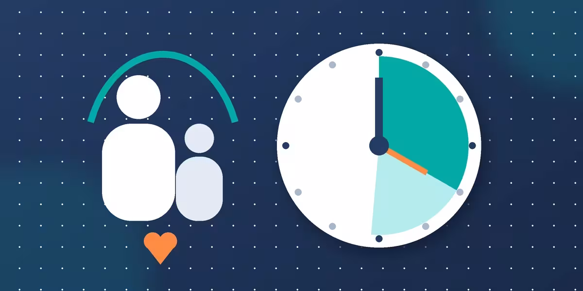 Editorial illustration: a clock with a highlighted segment of the working day beside an adult and a child, on a blue background.