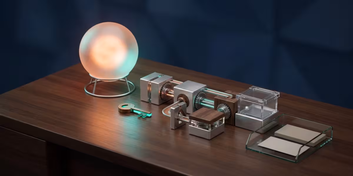 Una esfera de IA aislada junto a la maqueta de un flujo de trabajo gobernado, con llave de autoridad y bandeja de resultado